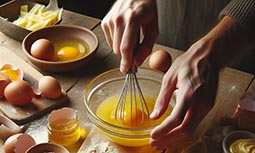 Una persona batiendo huevos con patatas peladas al lado